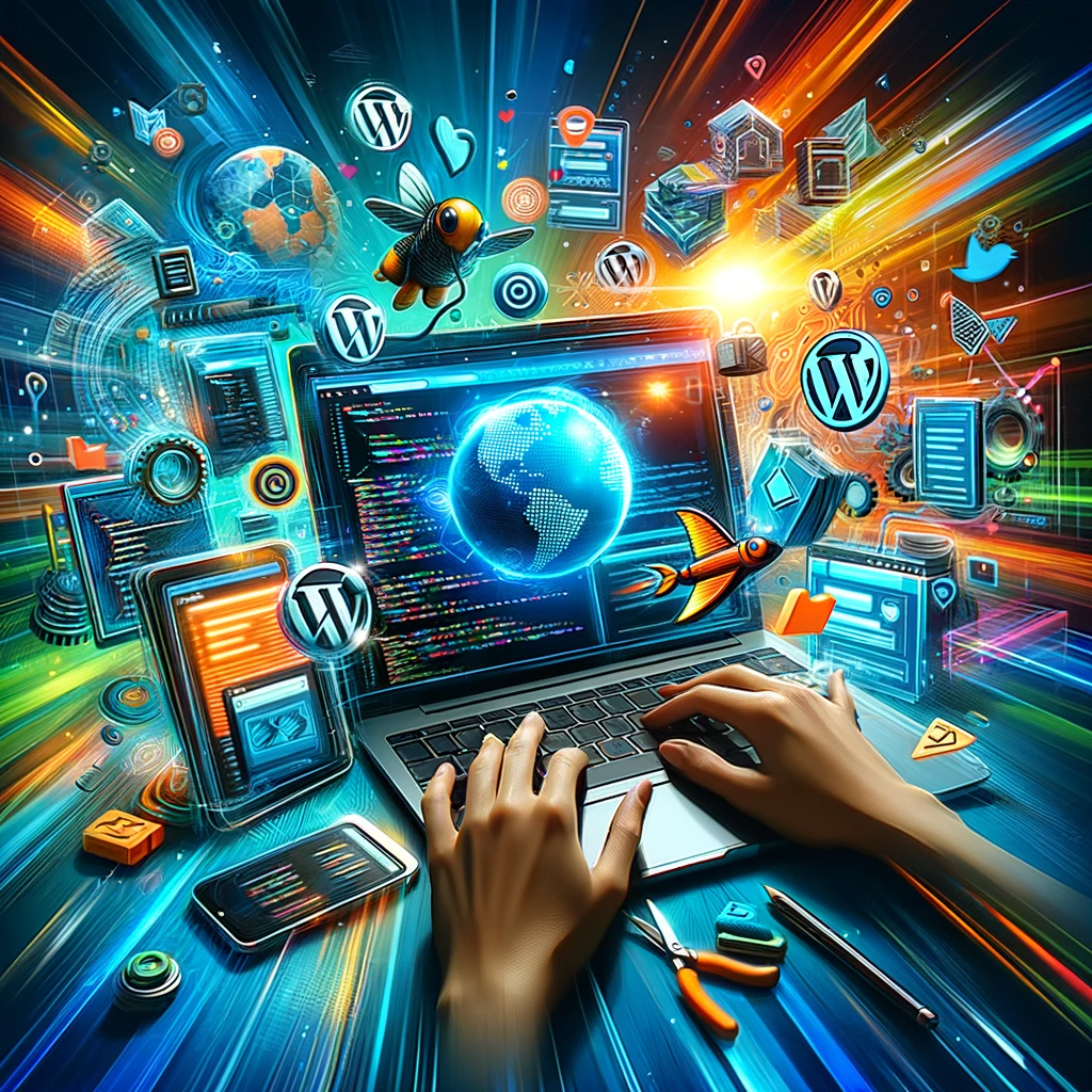 A vibrant and engaging image depicting the exciting world of WordPress website development. The scene includes a dynamic and colorful representation
